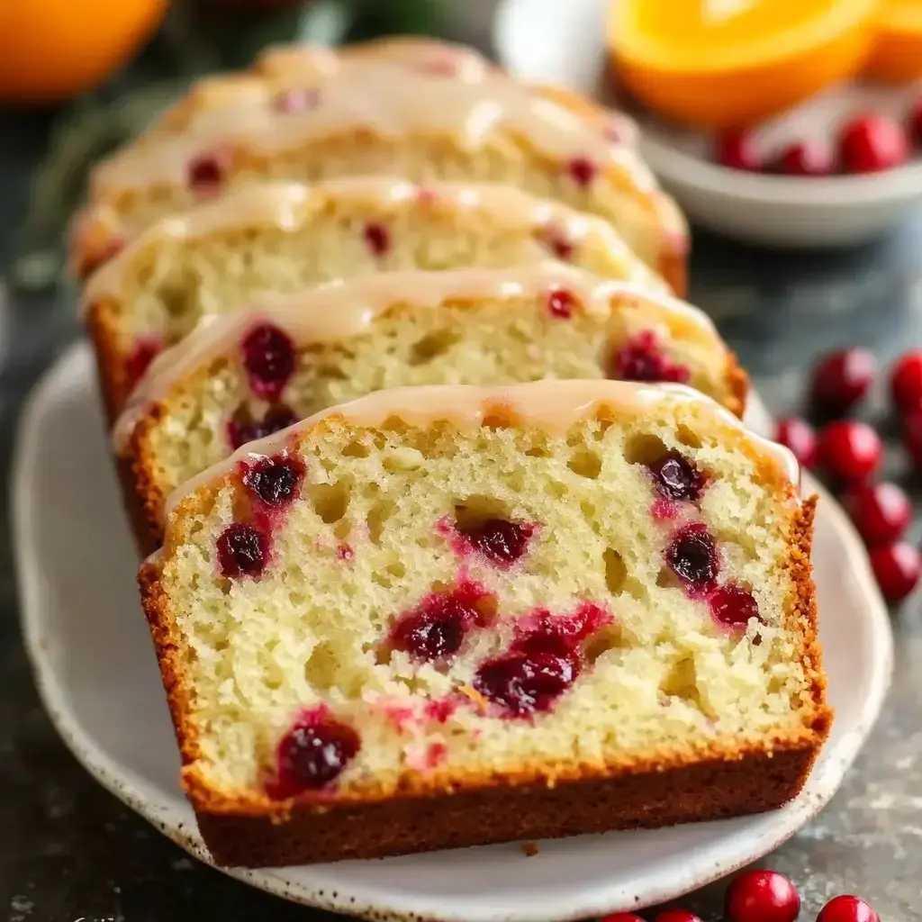 A cut loaf of cranberry bread with glaze drizzled on top, shown on a plate with fresh cranberries and an orange nearby.