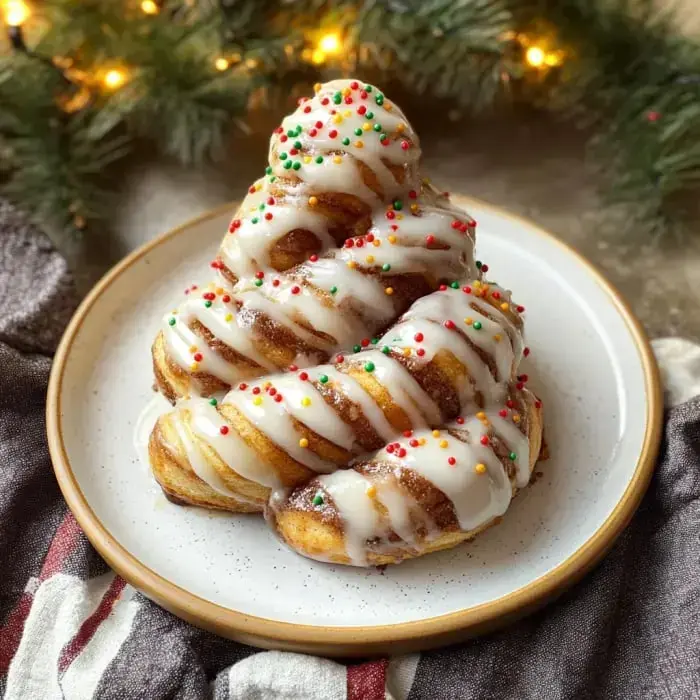A pretty arrangement of twisted cinnamon buns covered with sweet icing and red and green sprinkles, displayed on a white dish with festive decorations nearby.