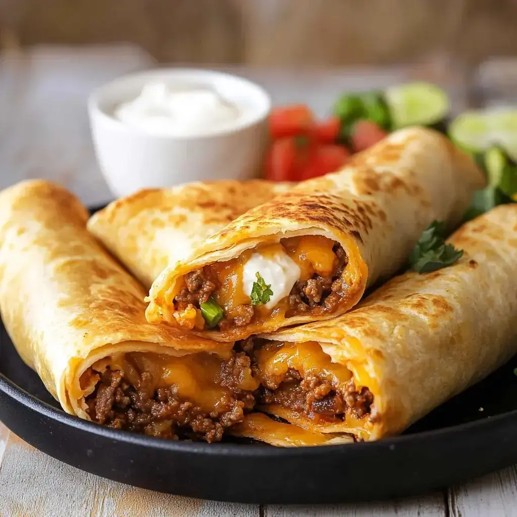 A serving of golden-brown tortilla pockets filled with savory beef and gooey cheese, accompanied by cool sour cream and colorful chopped veggies.