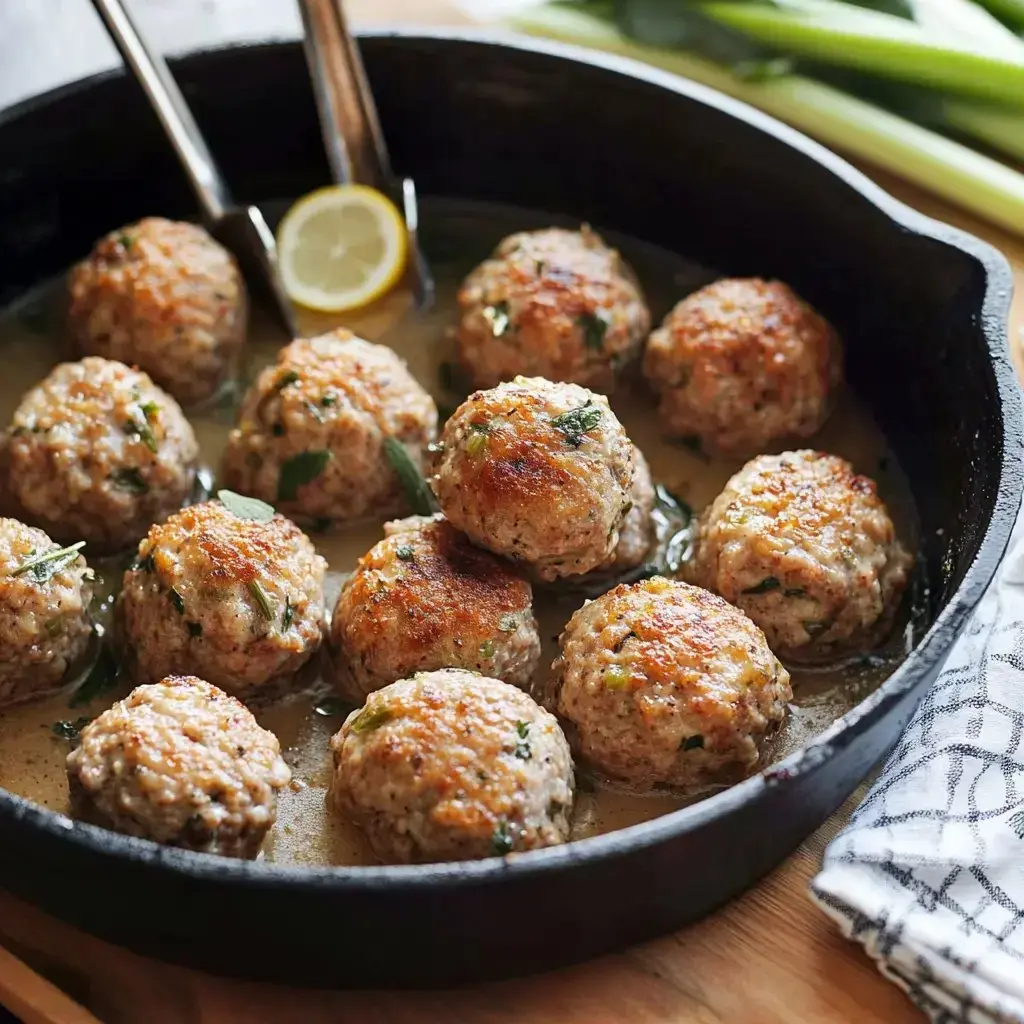 A skillet packed with golden meatballs in a savory, herb-loaded sauce with lemon on the side.