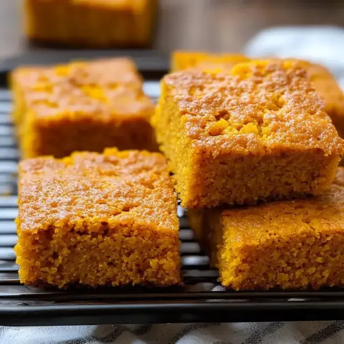 Golden pieces of cornbread stacked on a black rack.
