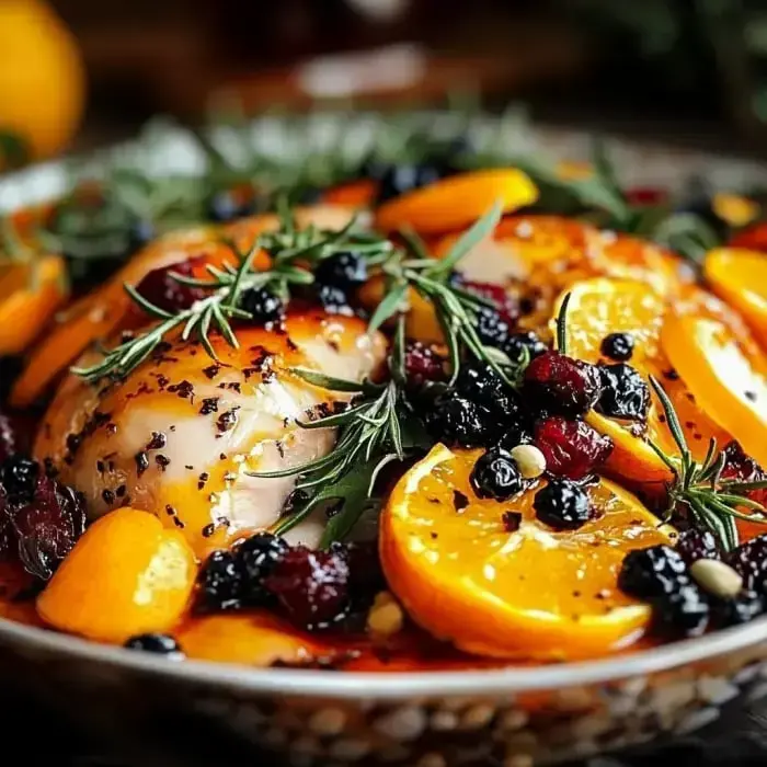 Close-up of roast chicken surrounded by herbs, orange slices, and berries in a tasty glaze.