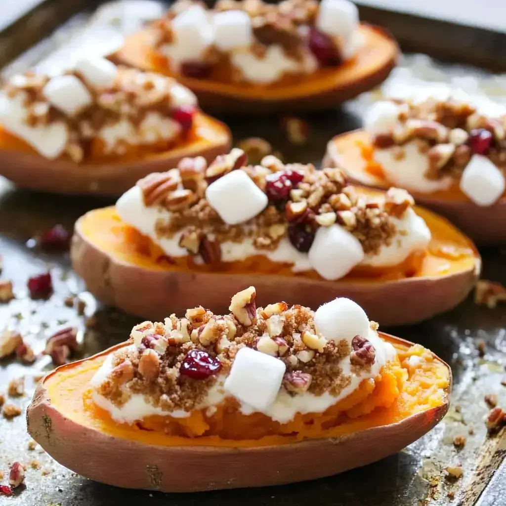 Twice baked sweet potatoes with marshmallows, pecans, and cranberries sitting on a sheet pan.