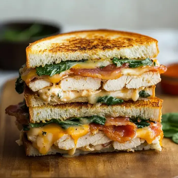 A grilled sandwich loaded with turkey, cheddar, bacon, and spinach on golden toasted bread.