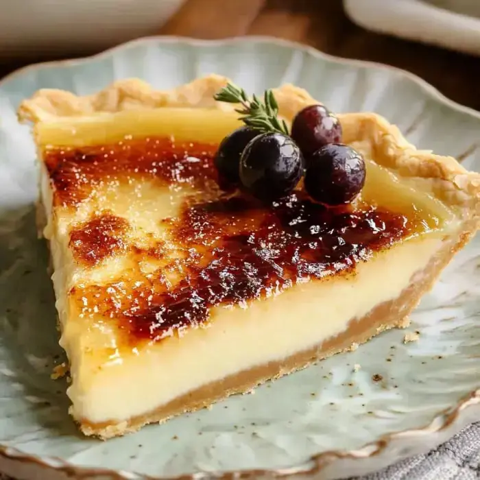 Creamy pie slice with a golden caramel top, blueberries, and fresh mint sprig, plated beautifully.