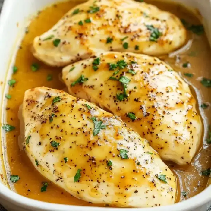 Three chicken breasts baked to perfection with a shiny glaze and a sprinkle of parsley in a serving dish.