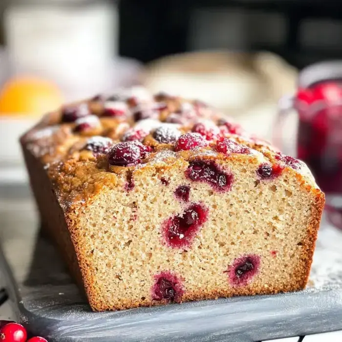 A slice of cranberry bread showing juicy berries and golden crust sits on a simple gray board ready for serving.