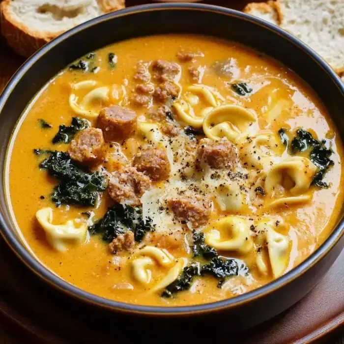 A bowl of creamy soup filled with sausage, kale, and tortellini, served alongside bread slices.