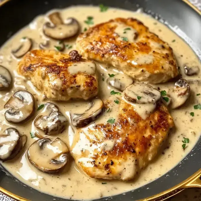 Juicy chicken cooked in a creamy garlic sauce with mushrooms, styled in a skillet with parsley garnish.