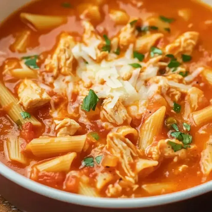 A cozy bowl of chicken pasta soup with tomatoes, herbs, and melty cheese in a creamy broth.