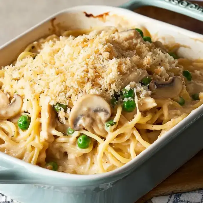 Baked creamy pasta with breadcrumbs, mushrooms, and peas in a dish.