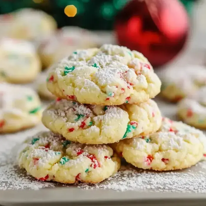 A pile of sugary, powder-coated cookies rests on a plate, with a bright red holiday decoration and blurry cookies in the distance.