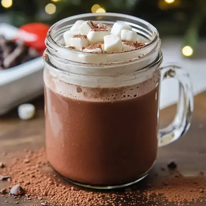 Glass jar of hot chocolate topped with whipped cream and marshmallows, surrounded by cocoa and chocolate pieces.