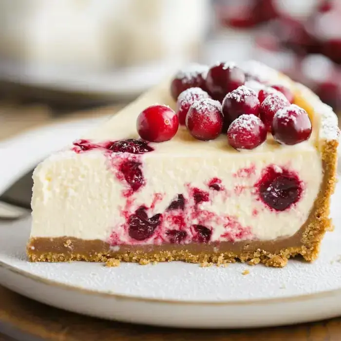 A creamy slice topped with sugared cranberries and powdered sugar dusting.