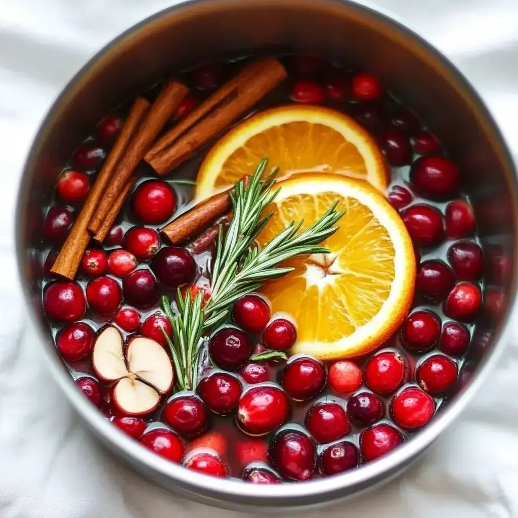 A mix of cranberries, orange slices, cinnamon sticks, and rosemary floating in water inside a pot.