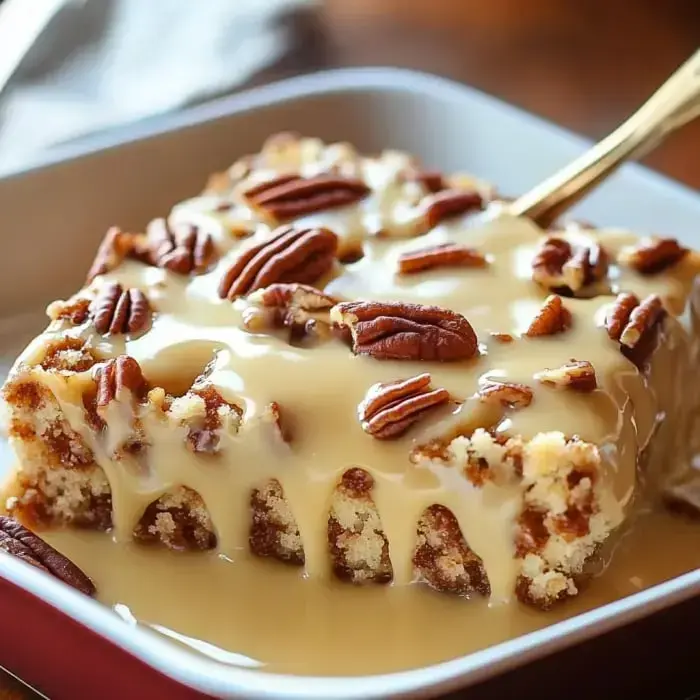 A creamy pecan cake slice coated in sauce and nuts being served from a plate.