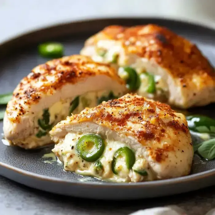 Golden brown stuffed chicken with creamy filling and green bits of jalapeño on a plate.