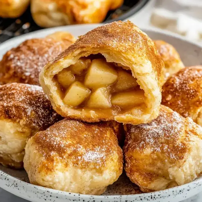 A plate stacked with golden brown pastries dusted with sugar, one cut open to show an apple-cinnamon filling inside.