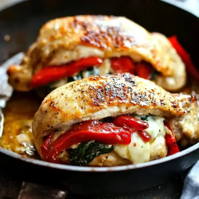 Two golden chicken breasts stuffed with spinach, mozz, and roasted peppers placed in a skillet.