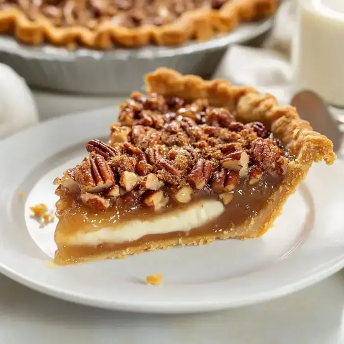 A close-up of a single slice of pecan pie with a creamy bottom and caramel-colored topping.