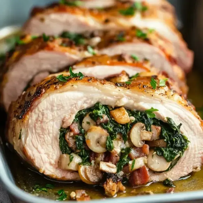 Juicy pork stuffed with spinach, mushrooms, and bacon, sliced and served with parsley garnish.