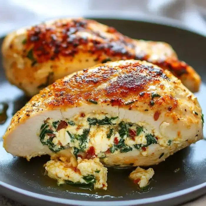 Golden brown chicken stuffed with cheese and spinach, sitting on a plate.
