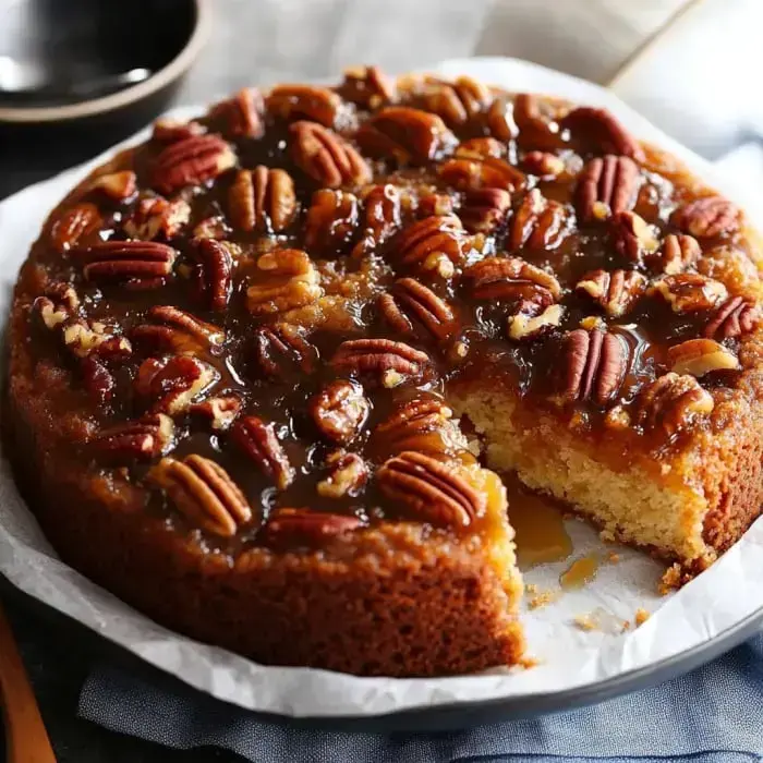 A golden pecan cake with caramel dripping on top and a slice removed, sitting on parchment paper.