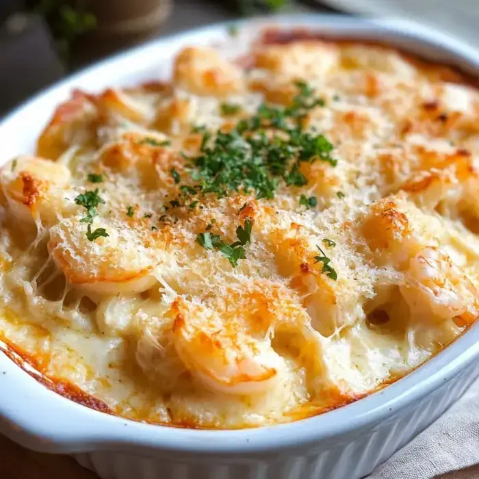 A cheesy, golden-brown shrimp bake straight from the oven.