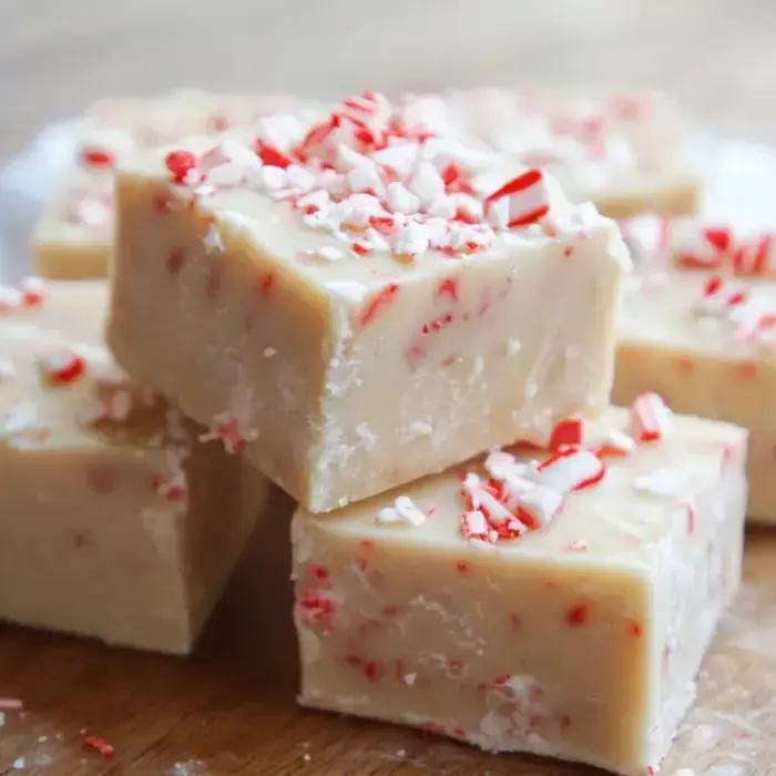 Soft white fudge sprinkled with crushed peppermint candy canes, layered in a pretty stack.