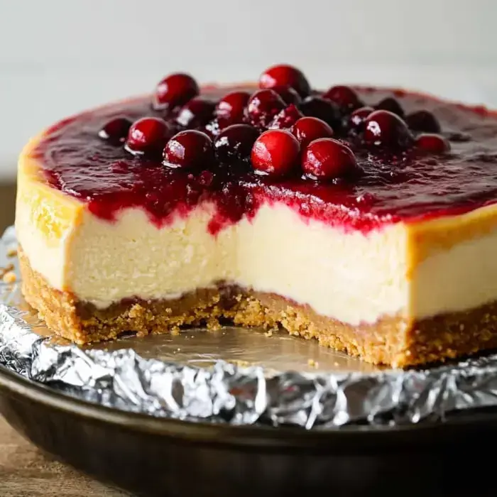 A tangy cheesecake with orange swirls and cranberry topping, with a view of a slice cut out.