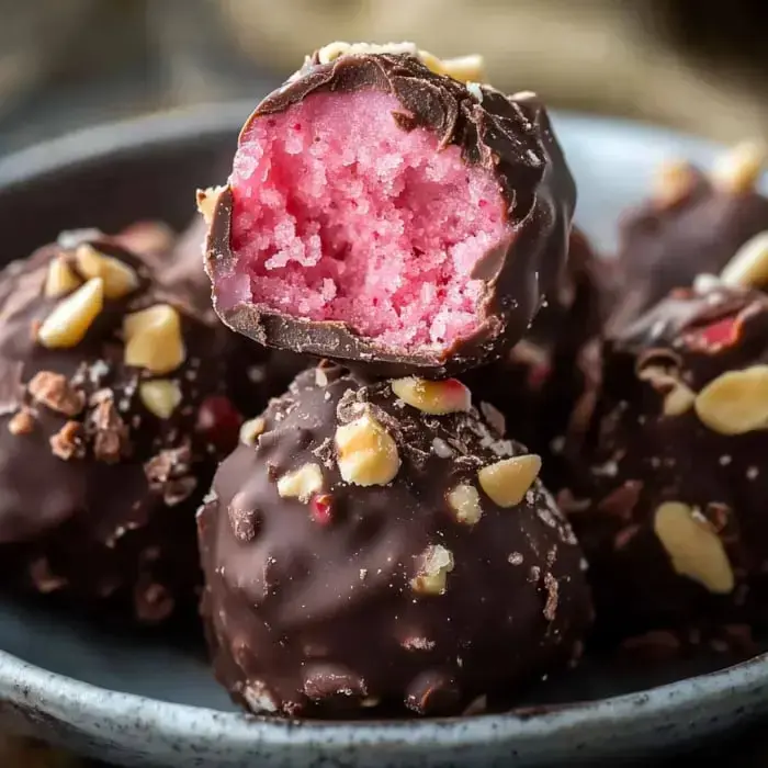Close view of chocolate-covered truffles with pink centers and chopped nuts on top. One truffle is bitten.