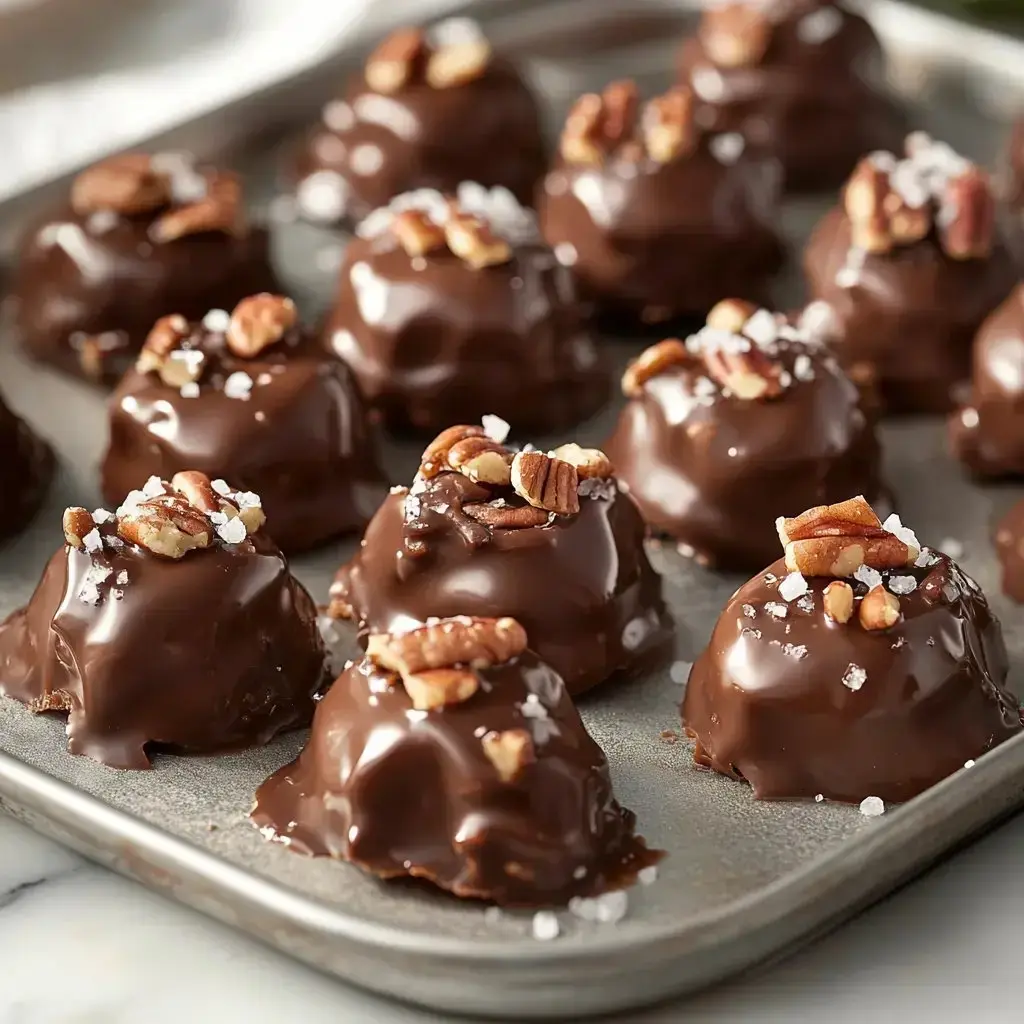 A batch of chocolate-dipped pecan caramel candies topped with flaky salt.