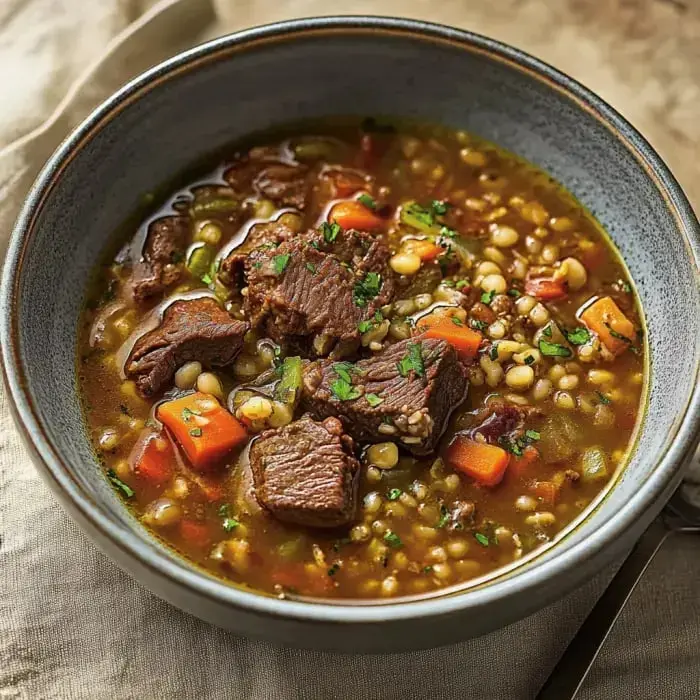 A steaming bowl of chunky beef soup topped with fresh herbs.