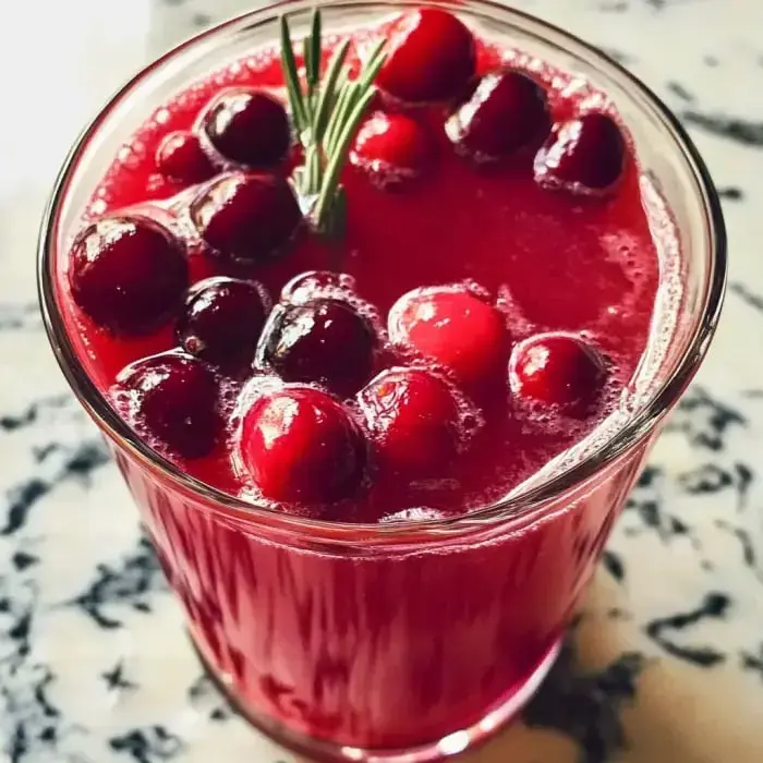 A glass filled with bright red cranberry juice contains whole cranberries and features a small rosemary twig as garnish.