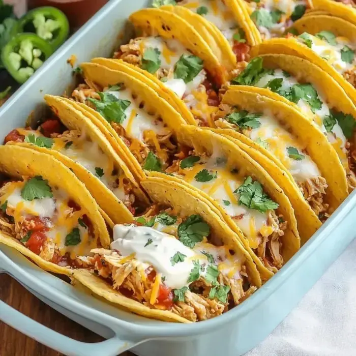 A casserole dish of tacos stuffed with shredded chicken, melty cheese, diced tomatoes, and fresh herbs.