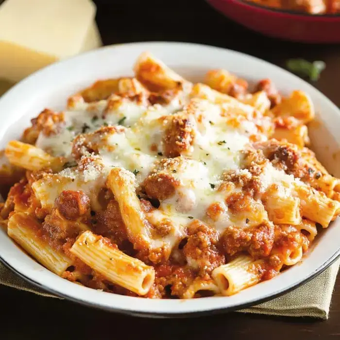 Hot ziti pasta smothered in meaty sauce, gooey melted cheese, and sprinkled with grated cheese on top.