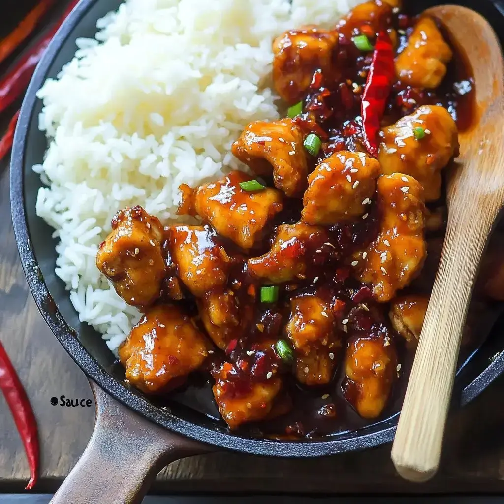Tender chicken bites in a glossy, flavorful sauce served with fluffy white rice, green onion garnish, and dried chili peppers.