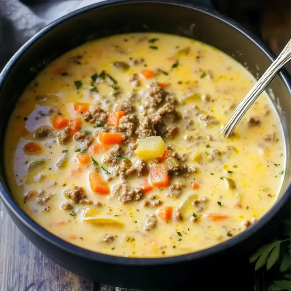 Close-up of a creamy soup bowl with beef, veggies, and herbs as garnish.