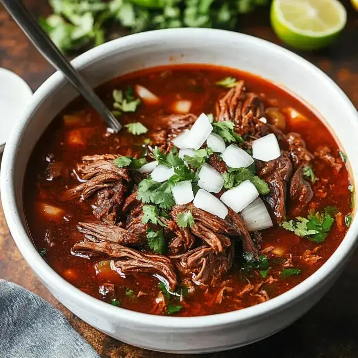 Rich broth with shredded beef, topped with onion and cilantro.