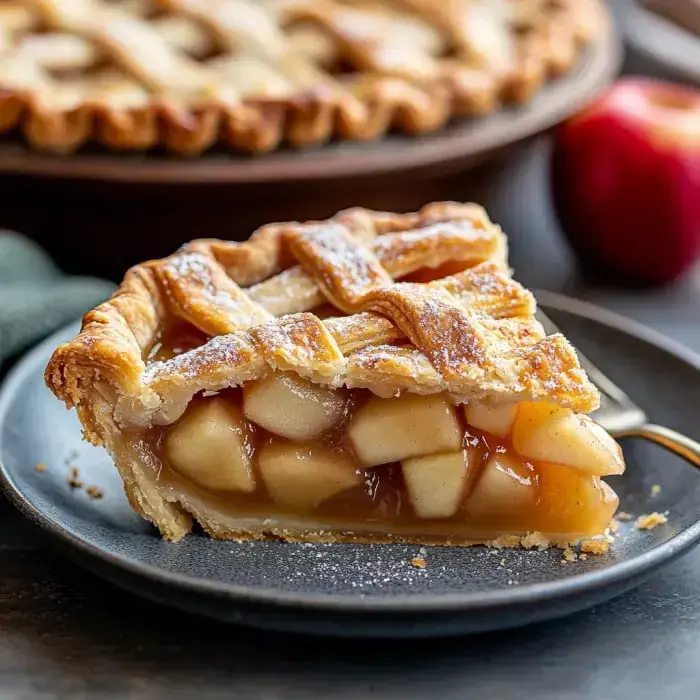 A golden slice of apple pie with a flaky lattice crust, baked apples visible inside, served on a plate with an apple in the background.