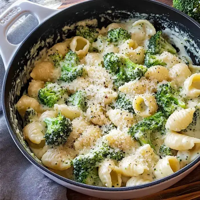 Broccoli and shell pasta in a creamy sauce topped with cheese in a pot.