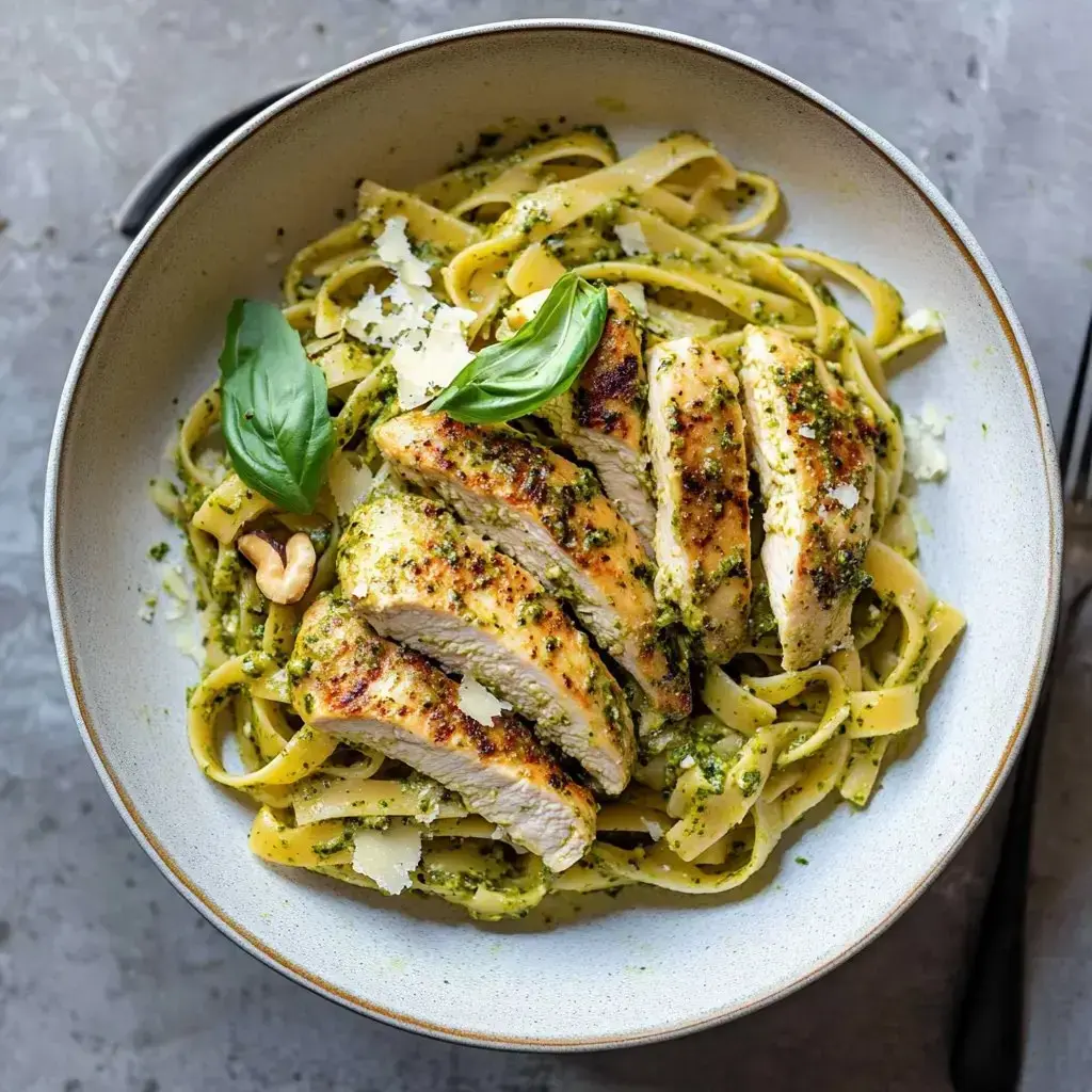 Fettuccine pasta in a bowl with grilled chicken slices, pesto, grated cheese, and basil leaves.