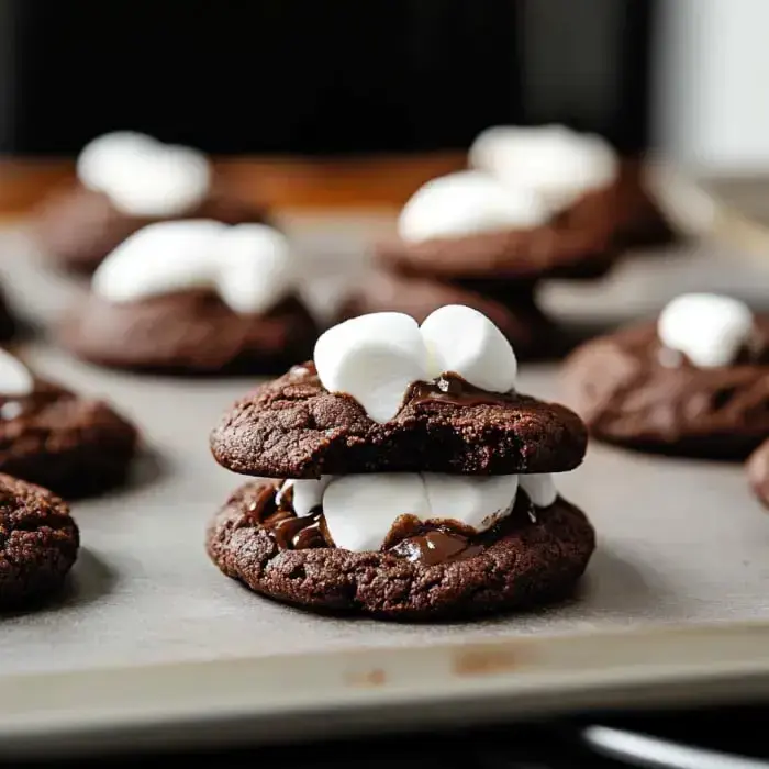 Close-up of soft chocolate cookies with gooey marshmallows and melted chocolate on a baking tray.