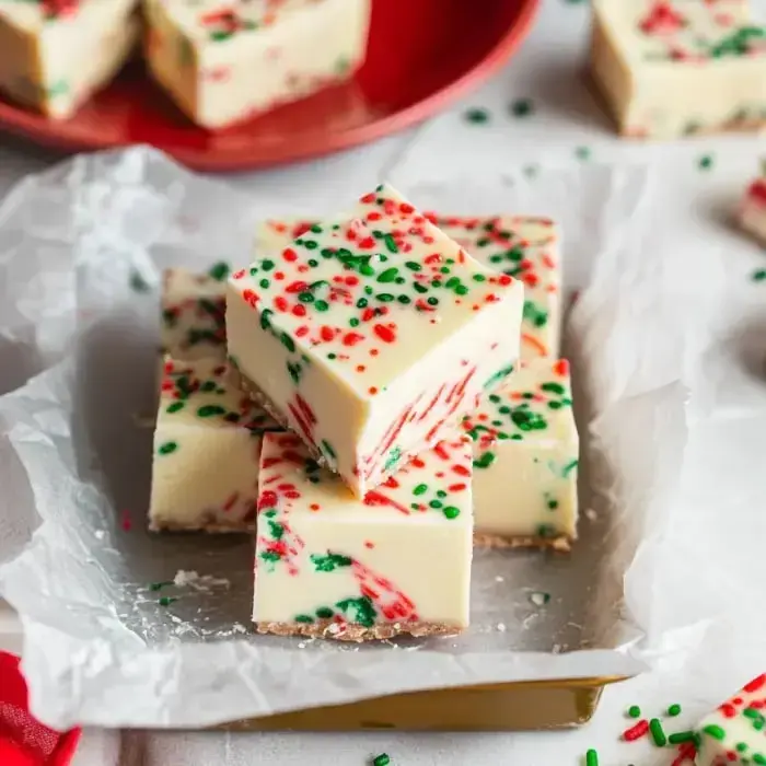 Squares of white fudge with festive red and green sprinkles on a shiny golden plate.