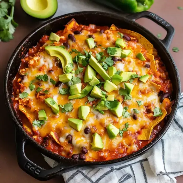 Cheesy nachos in a skillet topped with beans, avocado chunks, and fresh cilantro.