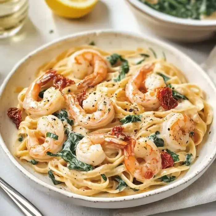 A plate of creamy pasta mixed with shrimp, spinach, and sun-dried tomatoes. Topped with cracked pepper.