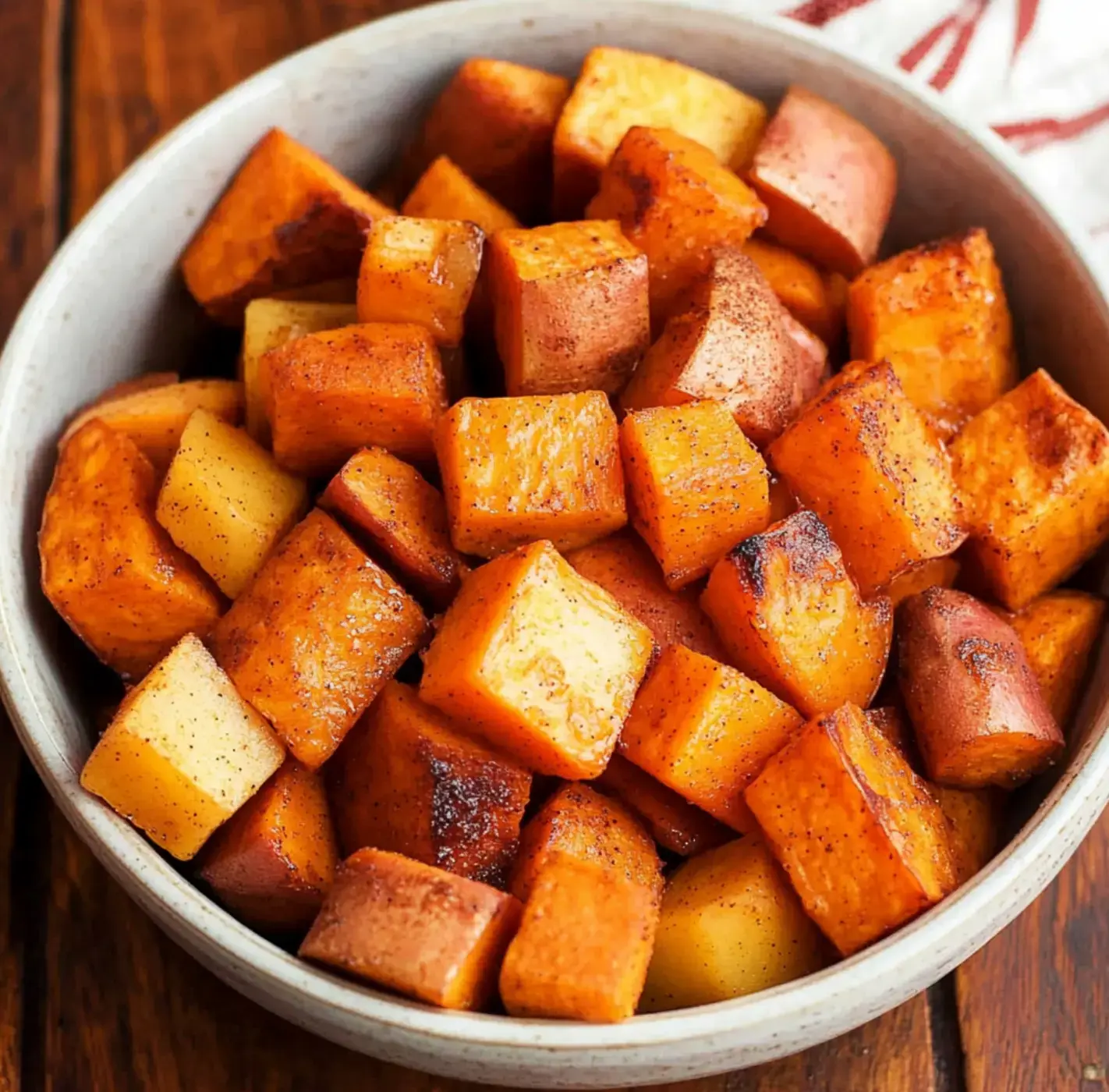 A bowl of crispy golden roasted sweet potato cubes.