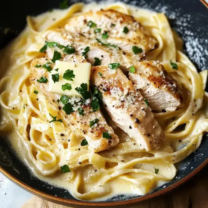 Fettuccine Alfredo paired with juicy chicken, fresh parsley, butter, and cheese.