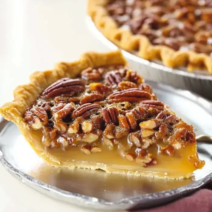 A slice of rich, golden pecan pie on a plate with a whole pie in the background.