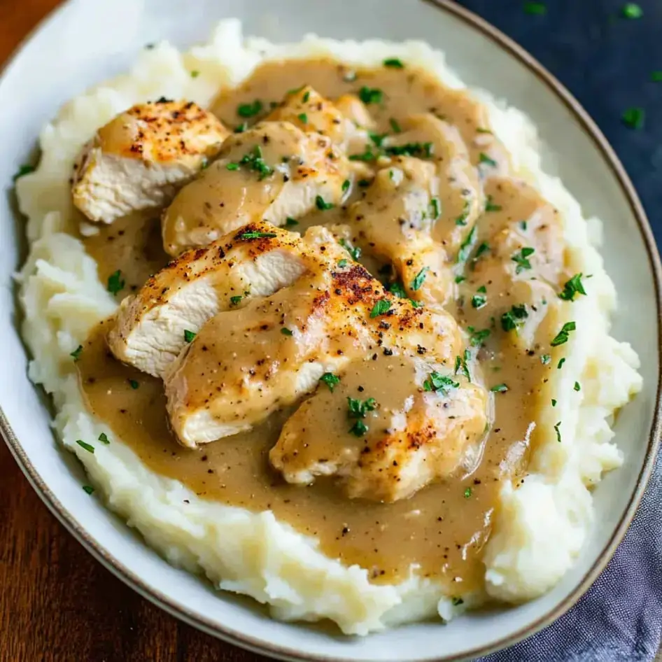 Sliced chicken breast on creamy mashed potatoes, topped with savory gravy and fresh parsley.